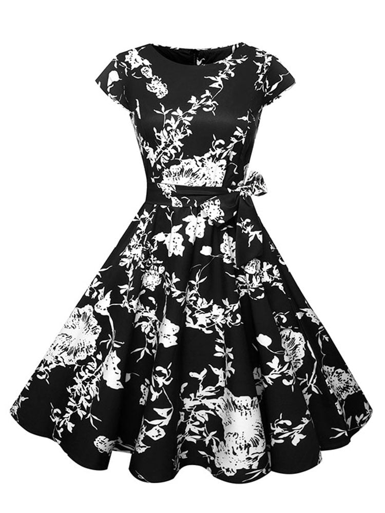 Black White Polka Dot Vintage Dress Summer Women Floral Print Short Sleeve Retro Robe Rockabilly Dresses Party Jurkjes