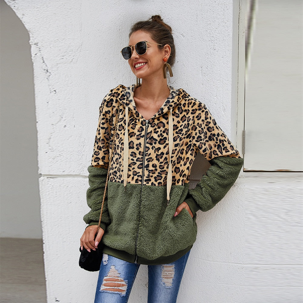 Autumn Winter Leopard Sweatshirts Women 2022 Long Sleeve Hooded Hoodies Casual Zipper Thick Hoodie Top Warm Coat Polerones Mujer