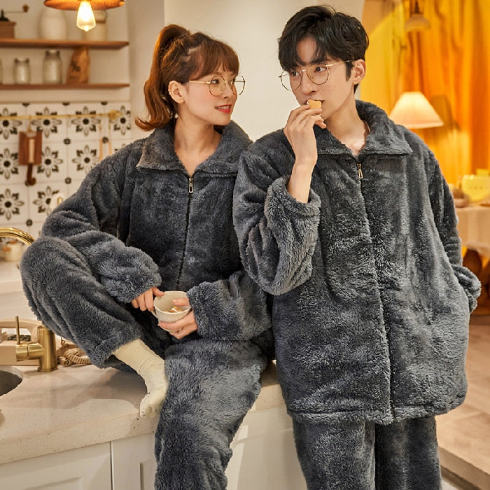 Autumn Winter Warm Flannel Zipper Couple Pajamas Set Women Sleepwear Family Pijama Lover Homewear Cloth Women Casual Men Pyjamas