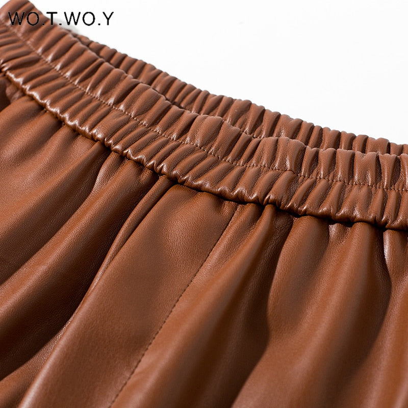 WOTWOY Elastic High Waist Fleece Straight Leather Pants Women Loose Patchwork Faux Leather Trouser Women Pockets Mujer Pantalone