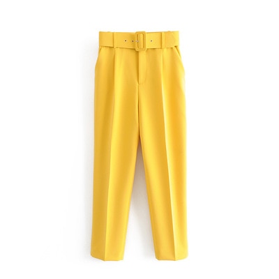 WOTWOY Elegant Formal High Waist Pants Women Skinny Office Lady Pencil Pants Women Pockets Sashes Ankle-Length Trousers Women