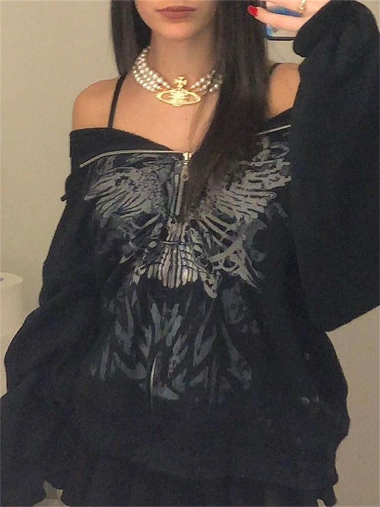 Butterfly Print Grunge Fairycore Hoodie Jackets Gothic Zip Up Loose Autumn Coats Retro Harajuku Cute Aesthetic Top Cuteandpsycho