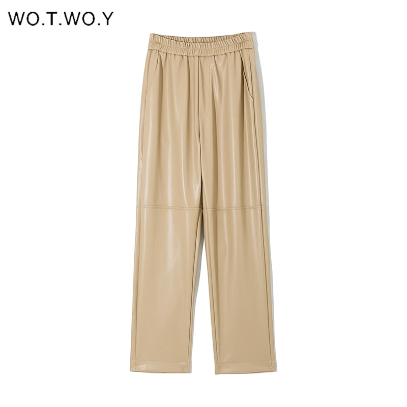 WOTWOY Elastic High Waist Fleece Straight Leather Pants Women Loose Patchwork Faux Leather Trouser Women Pockets Mujer Pantalone