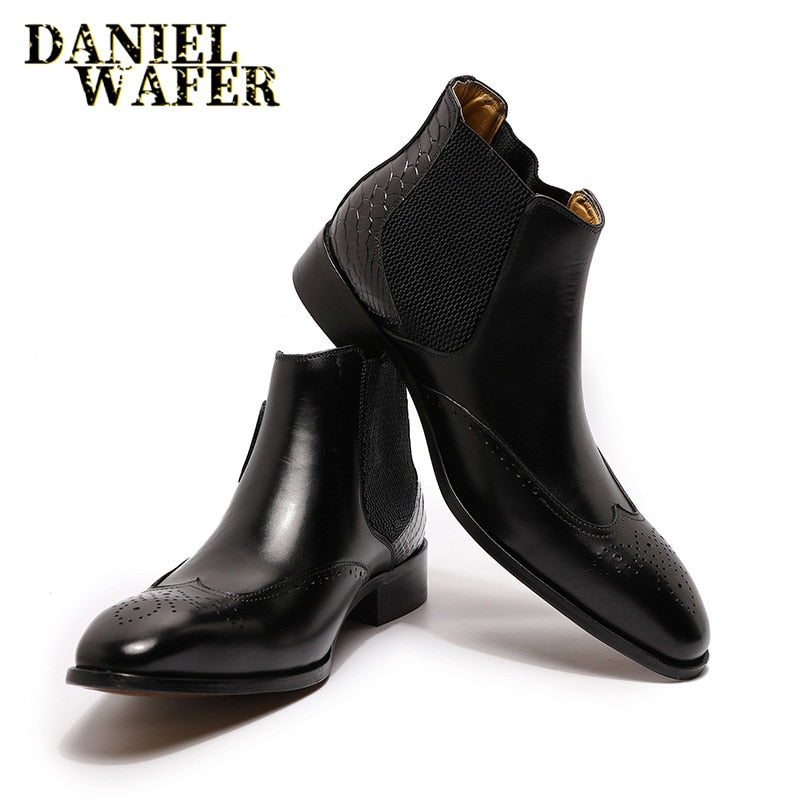 Luxury Brand Men's Chelsea Causal Boots High Quality Genuine Leather Slip on Buckle Strap Black Brown Wedding Formal Ankle Boots