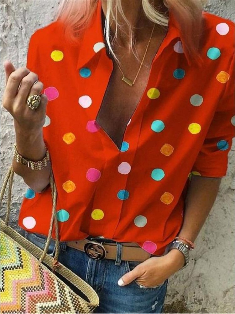 2022 New Polka Dot Blouse Women Turn Down Collar Long Sleeve Shirts Plus Size Clothes Streetwear White Blouse Women Xxl