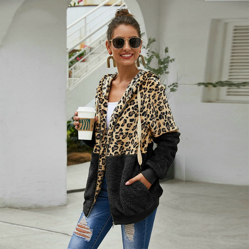 Autumn Winter Leopard Sweatshirts Women 2022 Long Sleeve Hooded Hoodies Casual Zipper Thick Hoodie Top Warm Coat Polerones Mujer