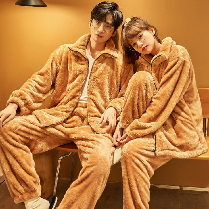 Autumn Winter Warm Flannel Zipper Couple Pajamas Set Women Sleepwear Family Pijama Lover Homewear Cloth Women Casual Men Pyjamas