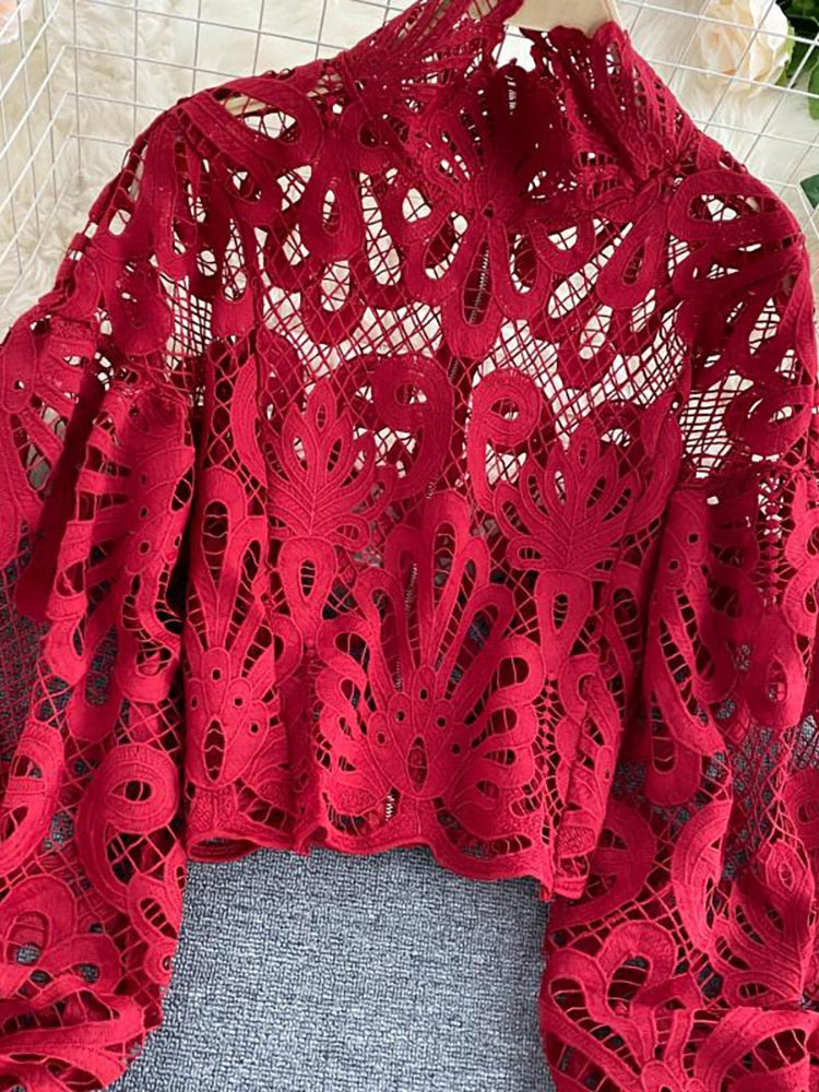 Sexy Lace Hollow Out Short Blouse Casual Lantern Long Sleeve Stand Collar Shirts Female Elegant Red/Pink/White Loose Tops 2020