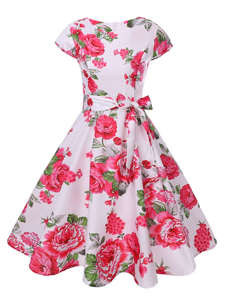 Black White Polka Dot Vintage Dress Summer Women Floral Print Short Sleeve Retro Robe Rockabilly Dresses Party Jurkjes