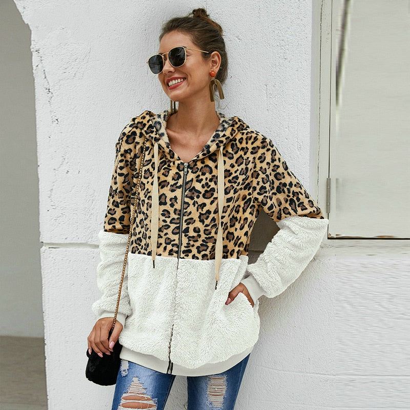 Autumn Winter Leopard Sweatshirts Women 2022 Long Sleeve Hooded Hoodies Casual Zipper Thick Hoodie Top Warm Coat Polerones Mujer