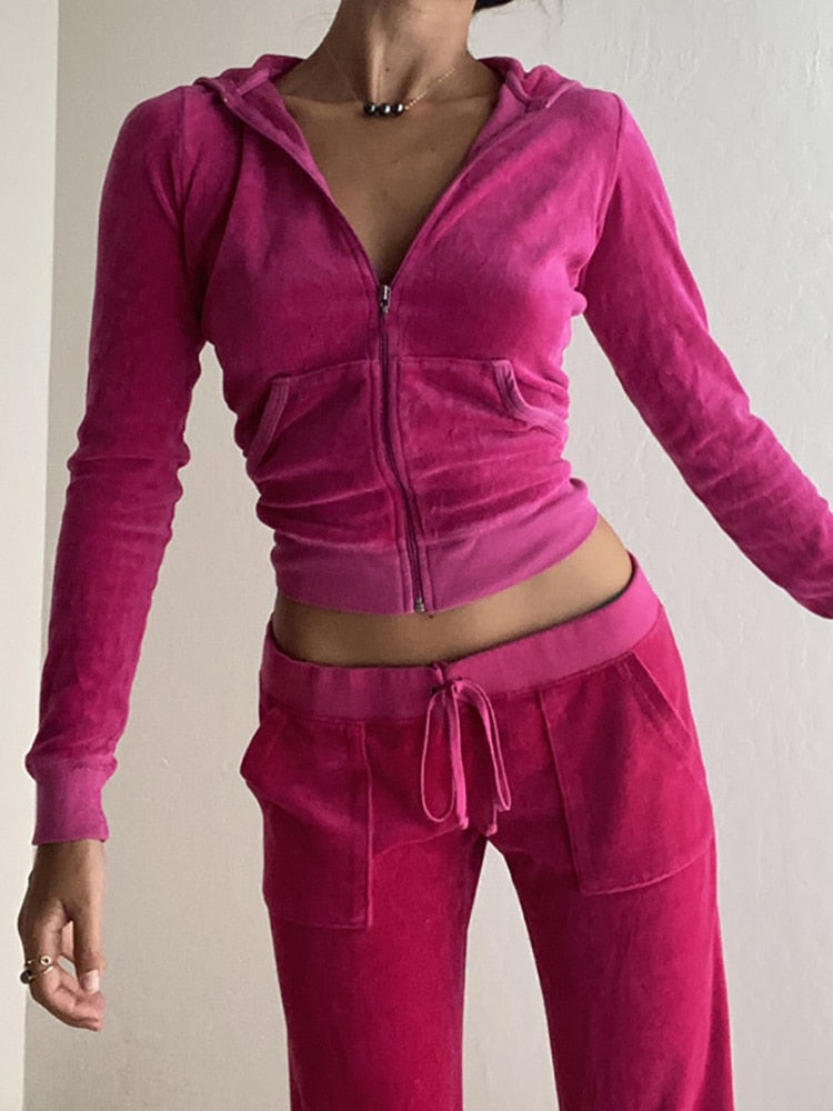 ALLNeon 2000s Aesthetics Pink Velour Sets Slim Y2K Streetwear Zip Up Hoodie and Drawstring Low Waist Pants Co-ord Suits Women