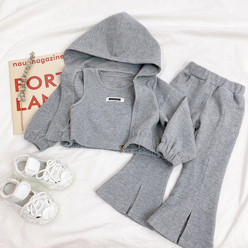 Autumn Girls Baby Fashion Clothing Sets Kids Sports Suits Split Flared Pants Hooded Jacket 3Pcs Outfits Winter Princess Knitwear