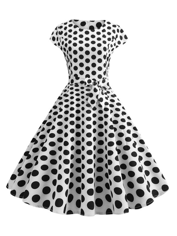 Black White Polka Dot Vintage Dress Summer Women Floral Print Short Sleeve Retro Robe Rockabilly Dresses Party Jurkjes