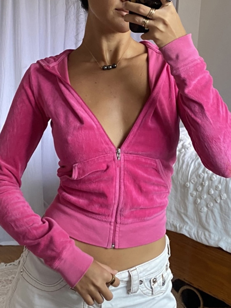 ALLNeon 2000s Aesthetics Pink Velour Sets Slim Y2K Streetwear Zip Up Hoodie and Drawstring Low Waist Pants Co-ord Suits Women