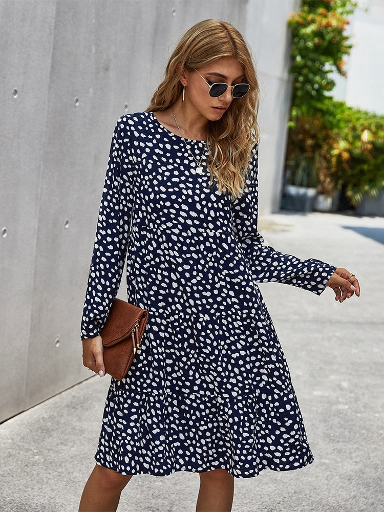 Autumn Winter Print Dress Women Casual Button A Line Loose Knee Length Dress 2022 New Fashion