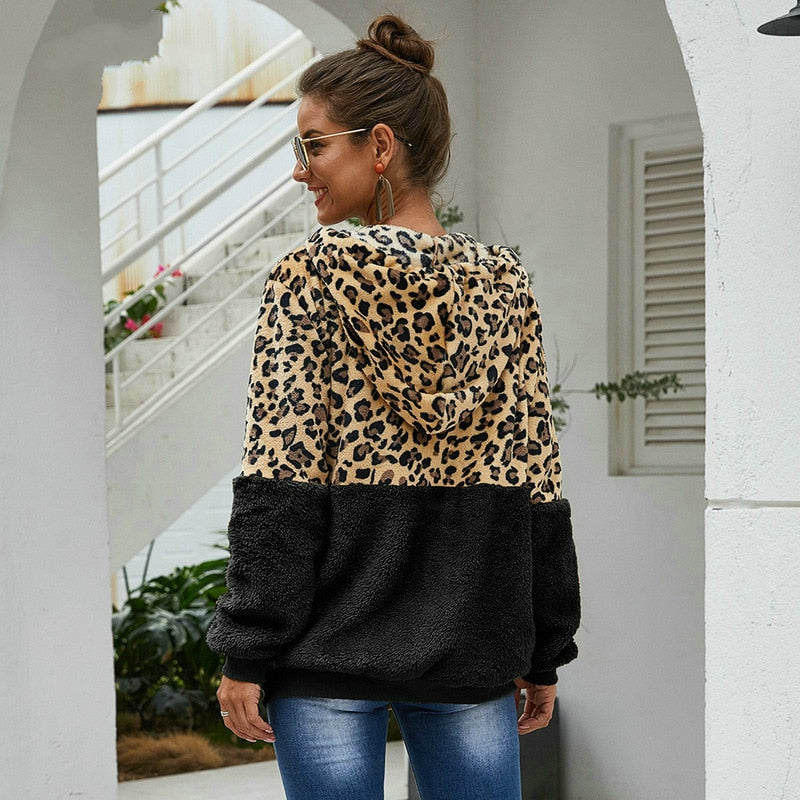 Autumn Winter Leopard Sweatshirts Women 2022 Long Sleeve Hooded Hoodies Casual Zipper Thick Hoodie Top Warm Coat Polerones Mujer