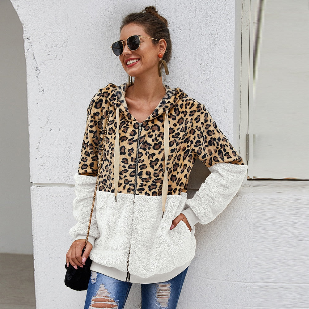 Autumn Winter Leopard Sweatshirts Women 2022 Long Sleeve Hooded Hoodies Casual Zipper Thick Hoodie Top Warm Coat Polerones Mujer