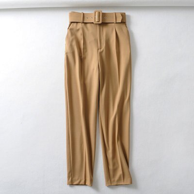 WOTWOY Elegant Formal High Waist Pants Women Skinny Office Lady Pencil Pants Women Pockets Sashes Ankle-Length Trousers Women