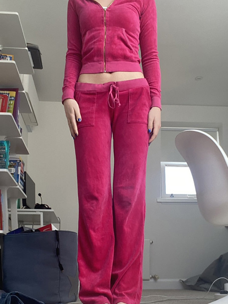 ALLNeon 2000s Aesthetics Pink Velour Sets Slim Y2K Streetwear Zip Up Hoodie and Drawstring Low Waist Pants Co-ord Suits Women