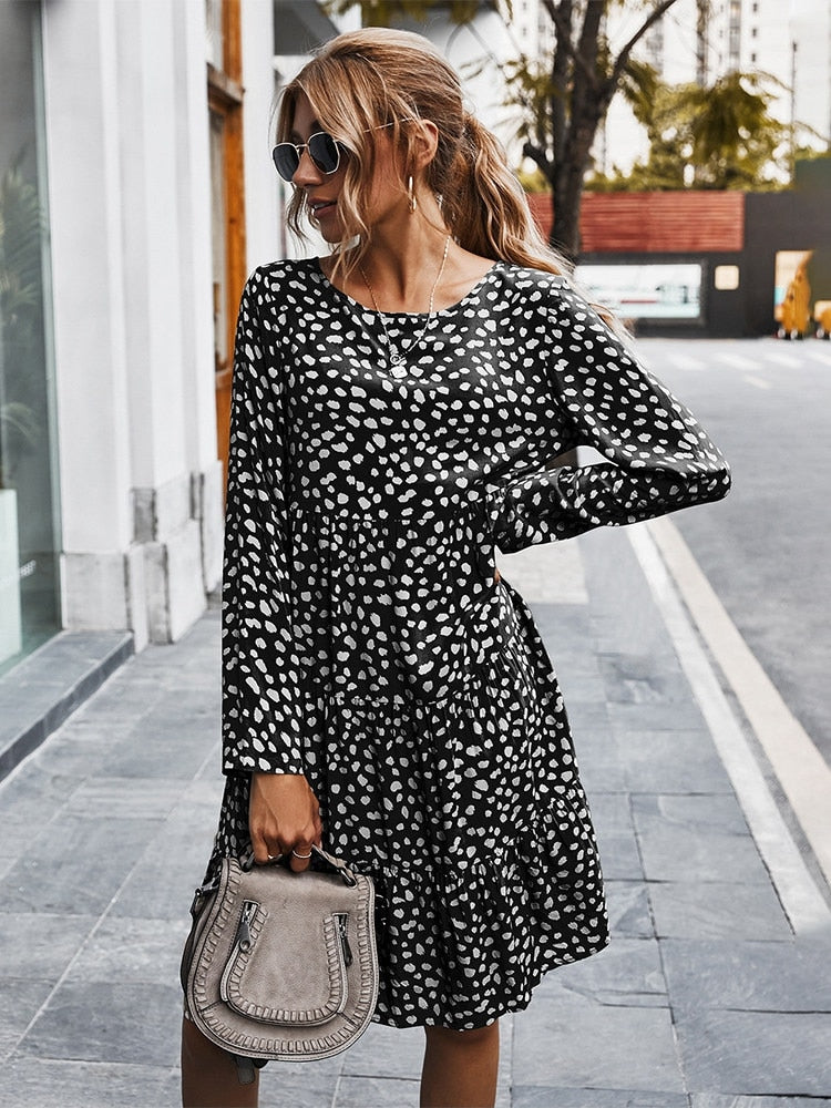 Autumn Winter Print Dress Women Casual Button A Line Loose Knee Length Dress 2022 New Fashion