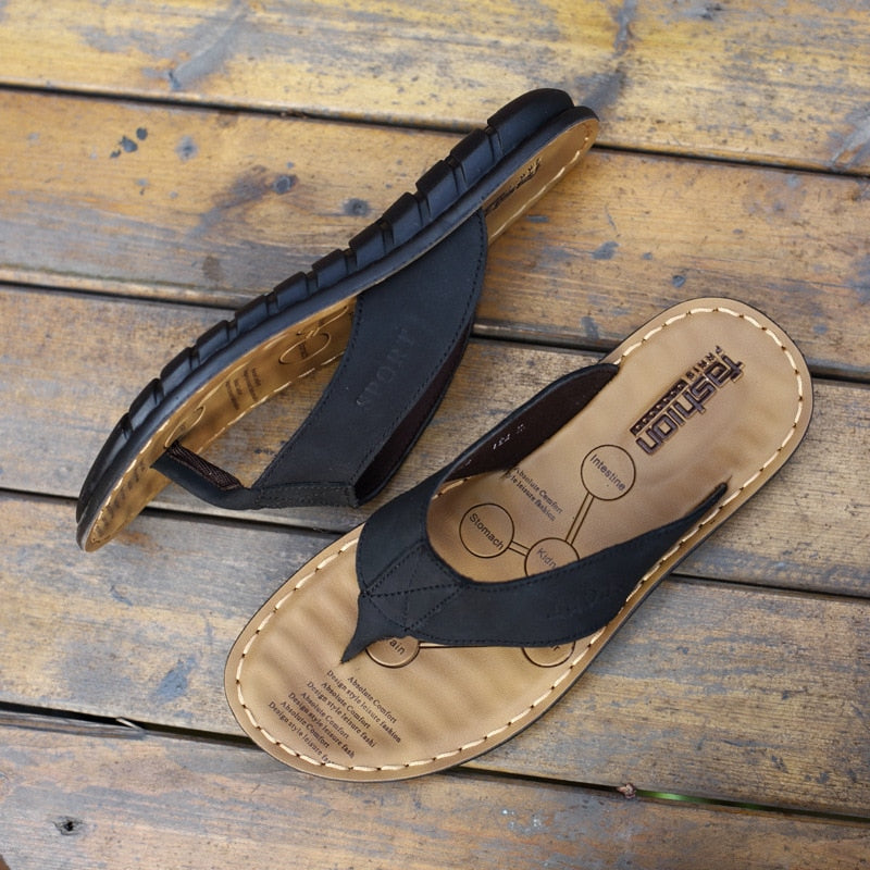2022 Summer Shoes Men Slippers Genuine Leather Beach Slippers Mens Flip Flop Sandals Summer Men Shoes Male Flip Flops A673