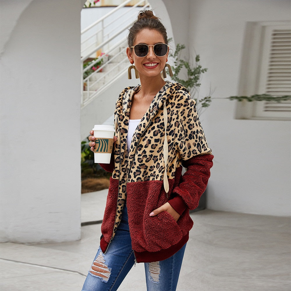 Autumn Winter Leopard Sweatshirts Women 2022 Long Sleeve Hooded Hoodies Casual Zipper Thick Hoodie Top Warm Coat Polerones Mujer