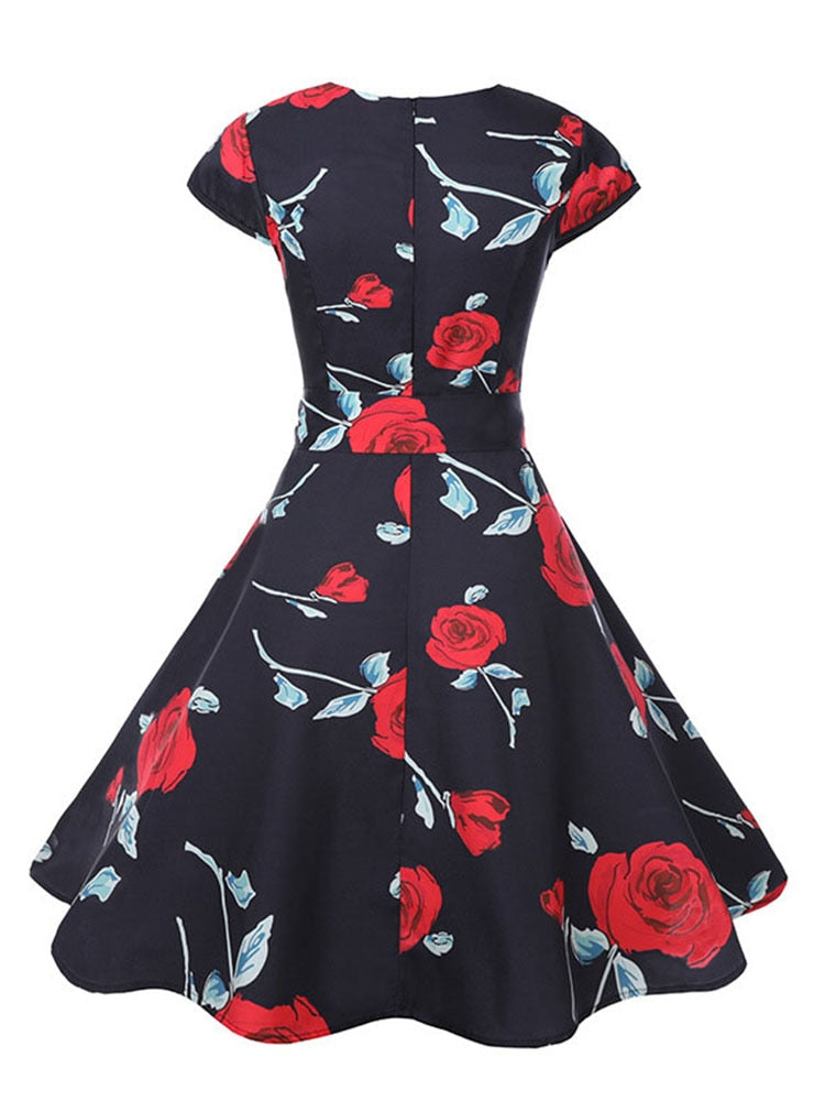 Black White Polka Dot Vintage Dress Summer Women Floral Print Short Sleeve Retro Robe Rockabilly Dresses Party Jurkjes
