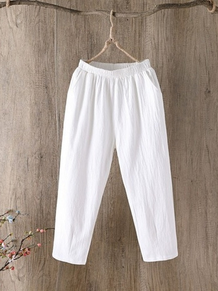 Cotton Linen Pants Women Spring Summer Large Size Solid Color Harem Pants Elastic Waist Loose Casual Woman's Linen Trousers
