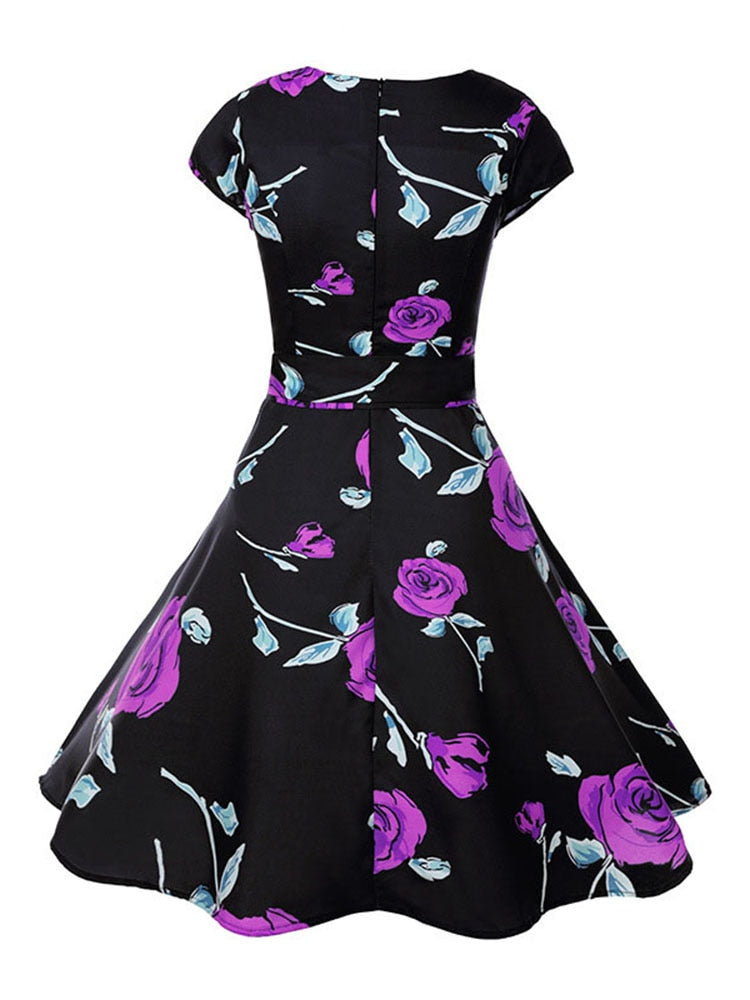 Black White Polka Dot Vintage Dress Summer Women Floral Print Short Sleeve Retro Robe Rockabilly Dresses Party Jurkjes