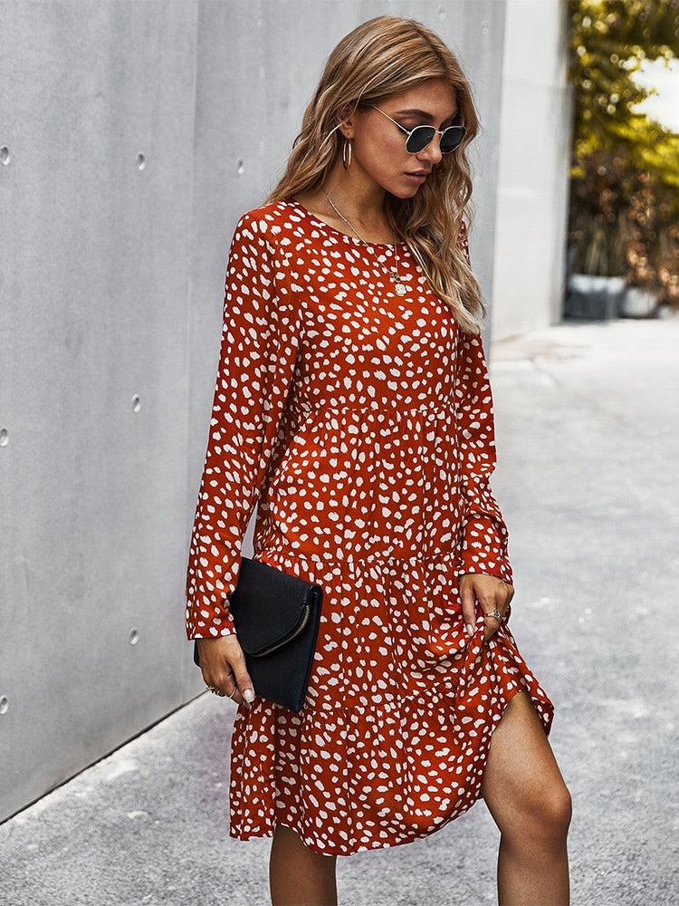 Autumn Winter Print Dress Women Casual Button A Line Loose Knee Length Dress 2022 New Fashion
