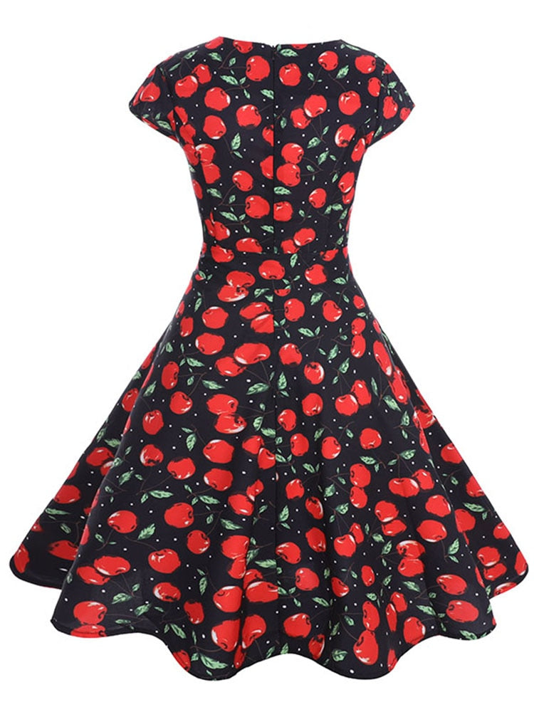 Black White Polka Dot Vintage Dress Summer Women Floral Print Short Sleeve Retro Robe Rockabilly Dresses Party Jurkjes