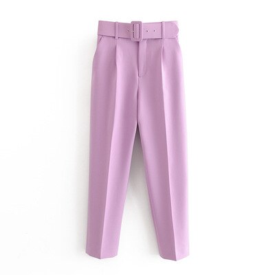 WOTWOY Elegant Formal High Waist Pants Women Skinny Office Lady Pencil Pants Women Pockets Sashes Ankle-Length Trousers Women