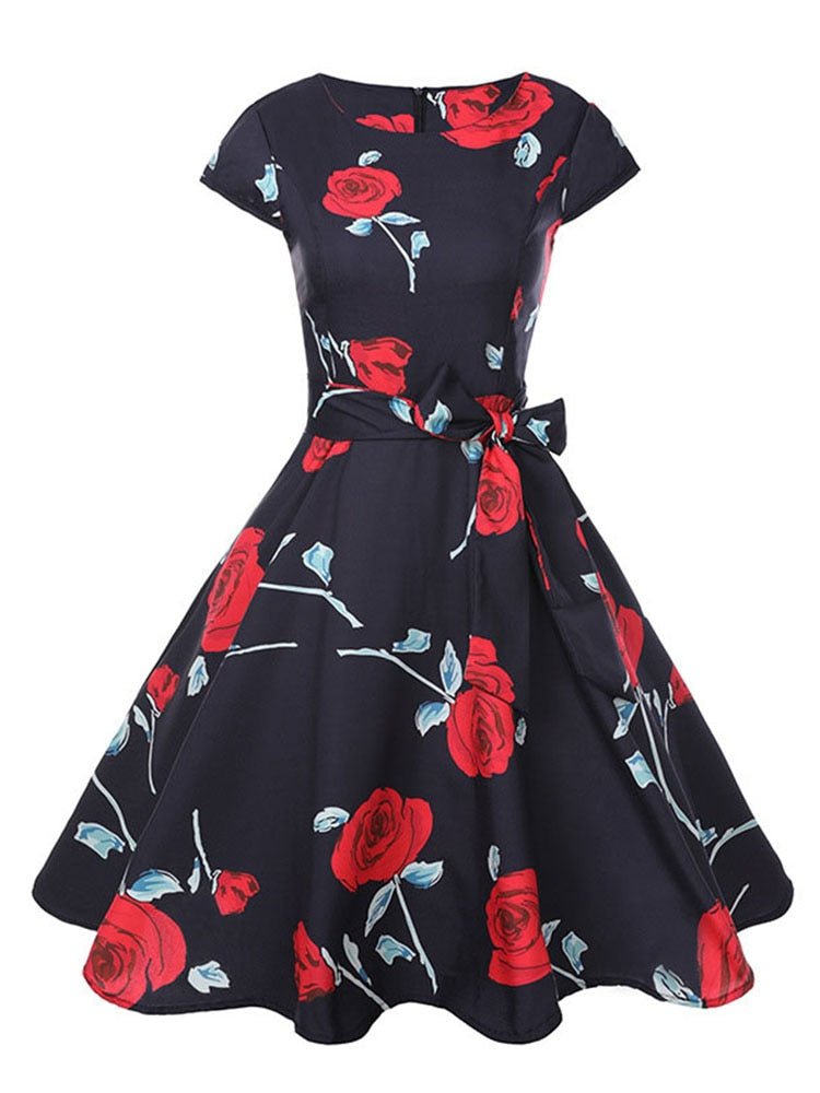 Black White Polka Dot Vintage Dress Summer Women Floral Print Short Sleeve Retro Robe Rockabilly Dresses Party Jurkjes