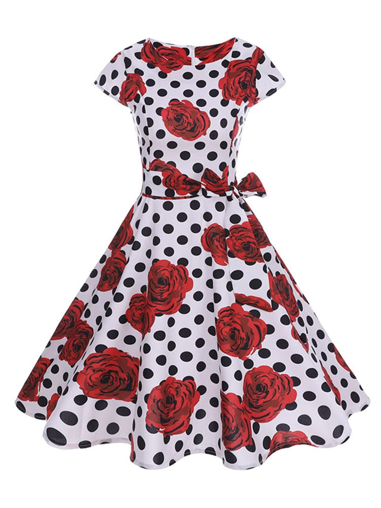 Black White Polka Dot Vintage Dress Summer Women Floral Print Short Sleeve Retro Robe Rockabilly Dresses Party Jurkjes