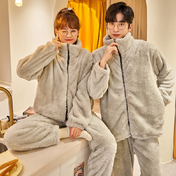 Autumn Winter Warm Flannel Zipper Couple Pajamas Set Women Sleepwear Family Pijama Lover Homewear Cloth Women Casual Men Pyjamas