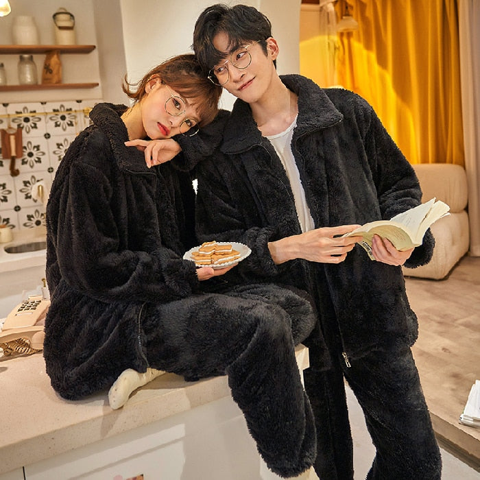 Autumn Winter Warm Flannel Zipper Couple Pajamas Set Women Sleepwear Family Pijama Lover Homewear Cloth Women Casual Men Pyjamas