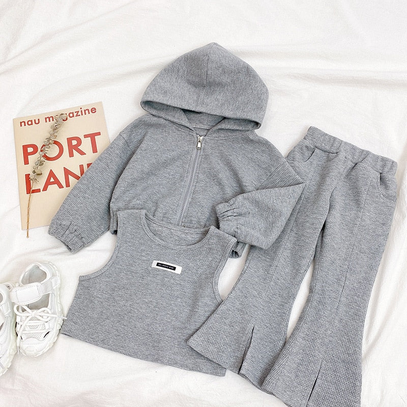 Autumn Girls Baby Fashion Clothing Sets Kids Sports Suits Split Flared Pants Hooded Jacket 3Pcs Outfits Winter Princess Knitwear