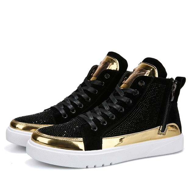 2020 Cool Men High Top Men Gold Glitter Sneakers Lace Up Crystal Platform Flats Gold Shoes Man Sequins  Bling Shoes AC-2