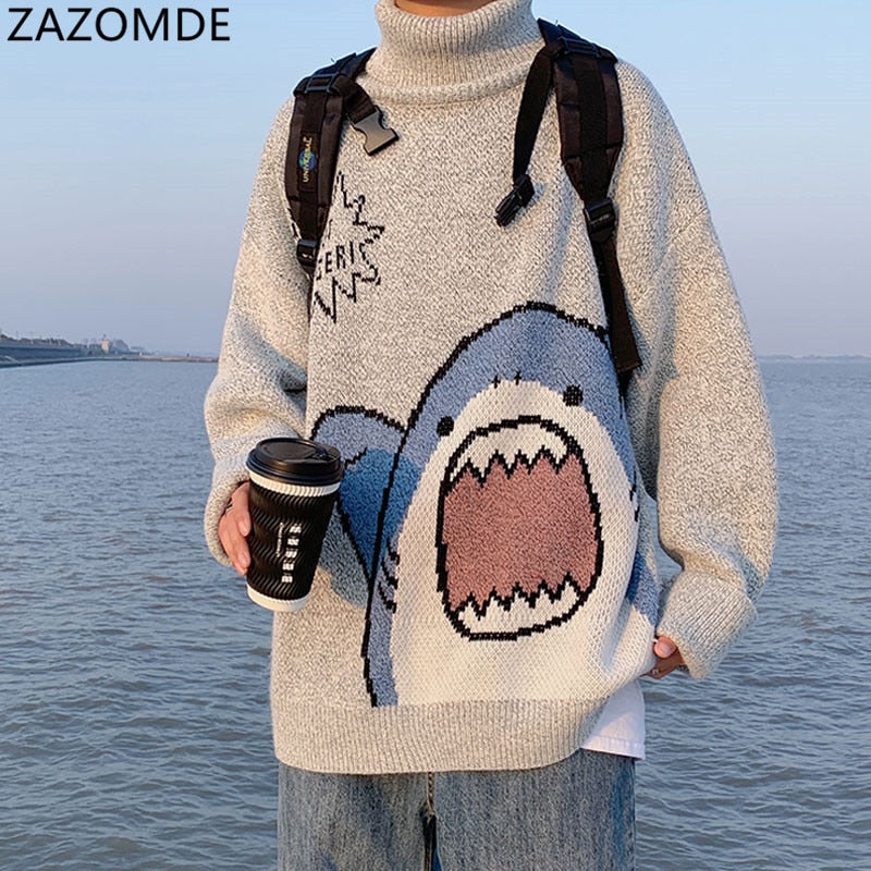 ZAZOMDE Men Turtlenecks Shark Sweater Men 2020 Winter Patchwor Harajuku Korean Style High Neck Oversized Grey Turtleneck For Men