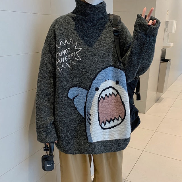 ZAZOMDE Men Turtlenecks Shark Sweater Men 2020 Winter Patchwor Harajuku Korean Style High Neck Oversized Grey Turtleneck For Men