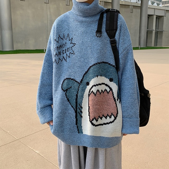 ZAZOMDE Men Turtlenecks Shark Sweater Men 2020 Winter Patchwor Harajuku Korean Style High Neck Oversized Grey Turtleneck For Men