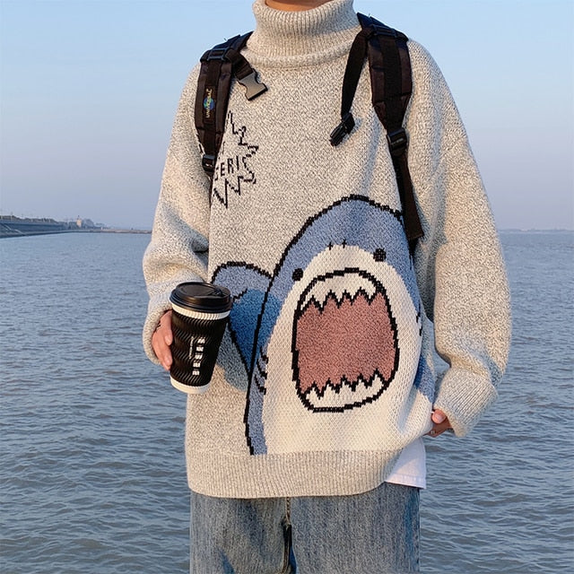 ZAZOMDE Men Turtlenecks Shark Sweater Men 2020 Winter Patchwor Harajuku Korean Style High Neck Oversized Grey Turtleneck For Men
