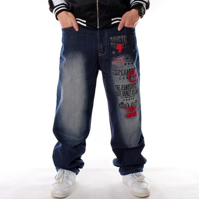 Men Street Dance Hiphop Jeans Fashion Embroidery Black Loose Board Denim Pants Overall Male Rap Hip Hop Jeans Plus Size 30-46