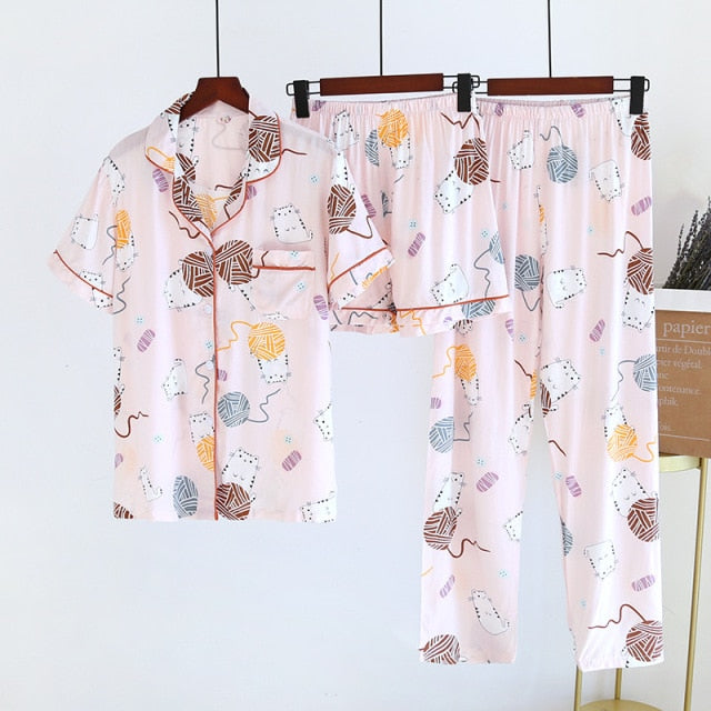 2021 New Women's Spring And Summer100%Viscose Pajamas Three-piece Short Sleeve + Shorts + Trousers Soft And Comfortable Homewear