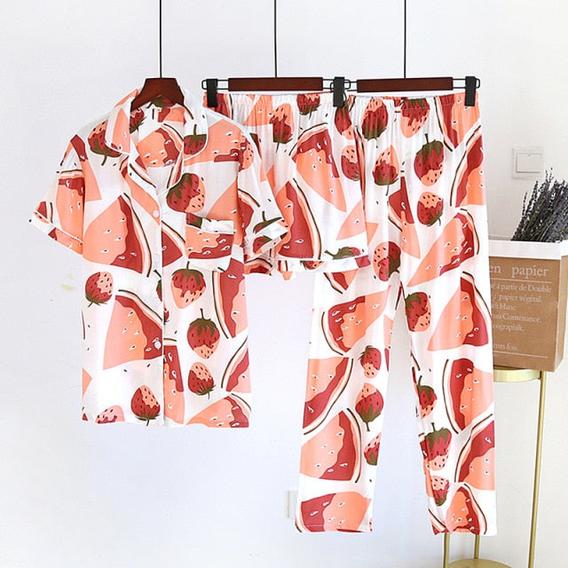 2021 New Women's Spring And Summer100%Viscose Pajamas Three-piece Short Sleeve + Shorts + Trousers Soft And Comfortable Homewear