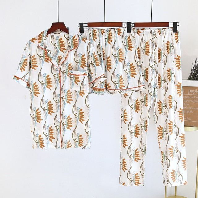 2021 New Women's Spring And Summer100%Viscose Pajamas Three-piece Short Sleeve + Shorts + Trousers Soft And Comfortable Homewear