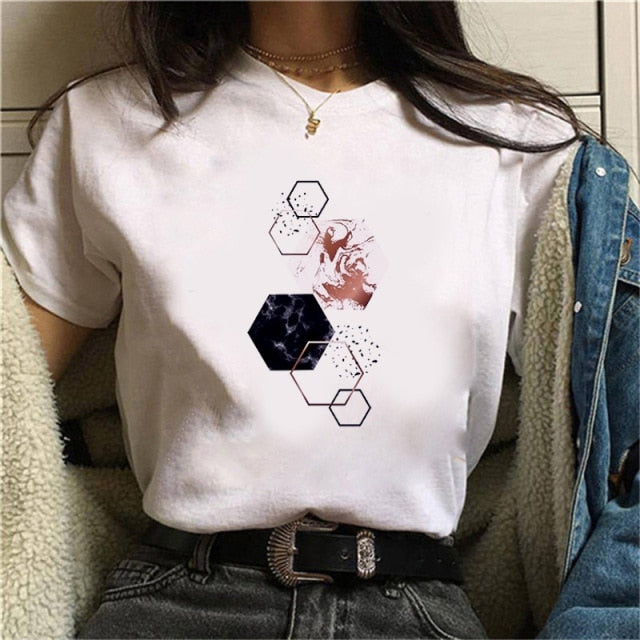 Beautiful Geometry Printed T Shirt Women 90s Graphic T-shirt Harajuku Tops Tee Cute Short Sleeve Oversized Tshirt Female Tshirts