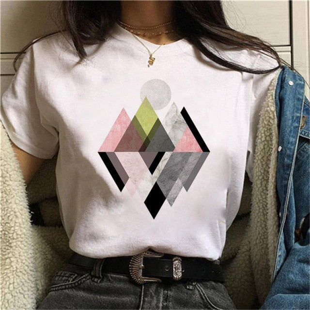 Beautiful Geometry Printed T Shirt Women 90s Graphic T-shirt Harajuku Tops Tee Cute Short Sleeve Oversized Tshirt Female Tshirts
