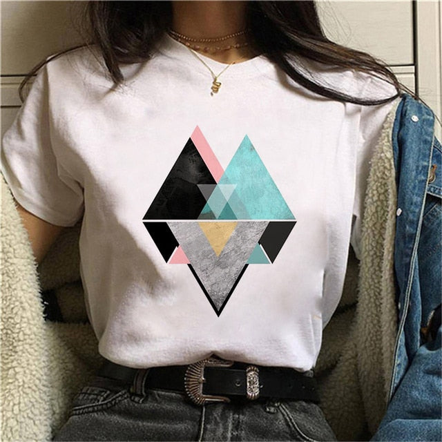 Beautiful Geometry Printed T Shirt Women 90s Graphic T-shirt Harajuku Tops Tee Cute Short Sleeve Oversized Tshirt Female Tshirts