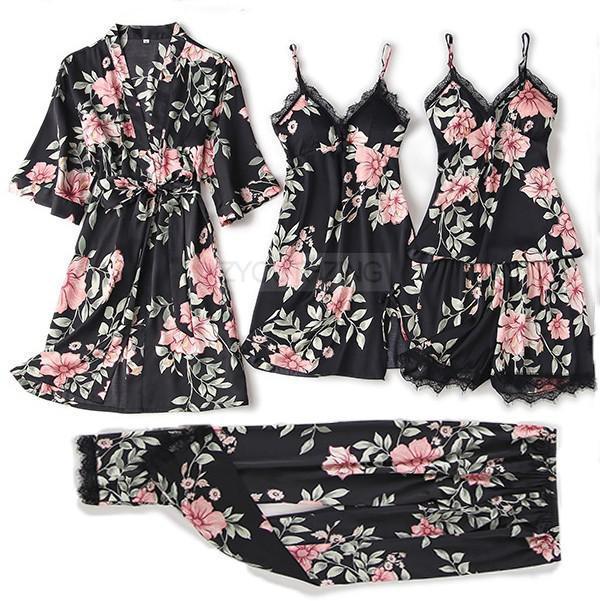 Pajama Set Women Lace Trim Satin Sleepwear Pyjamas Pour Femme Summer Nightwear With Pants Casual Home Wear Kimono Robe Gown PJS